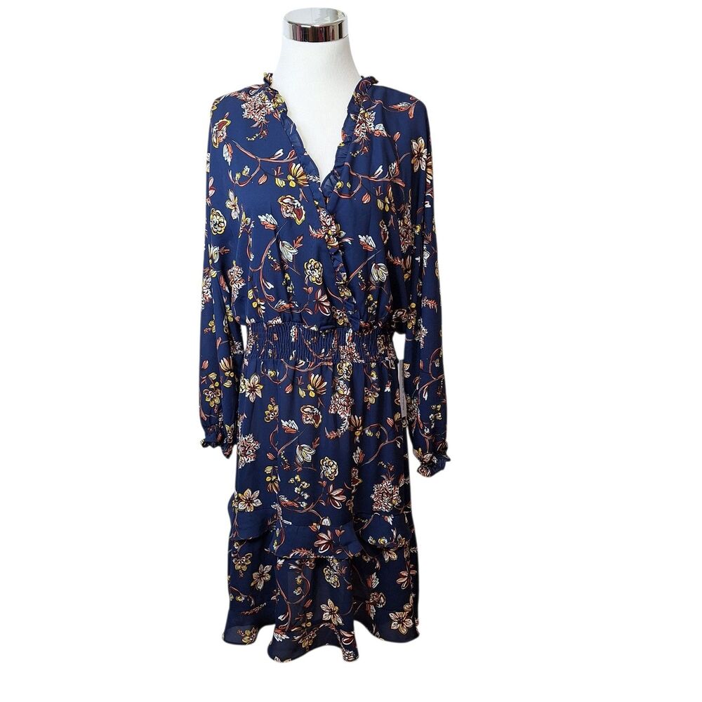 Emma & Michele Womens XL V-Neck Dress Long Sleeves  Navy Blue Floral Ruffle NWT